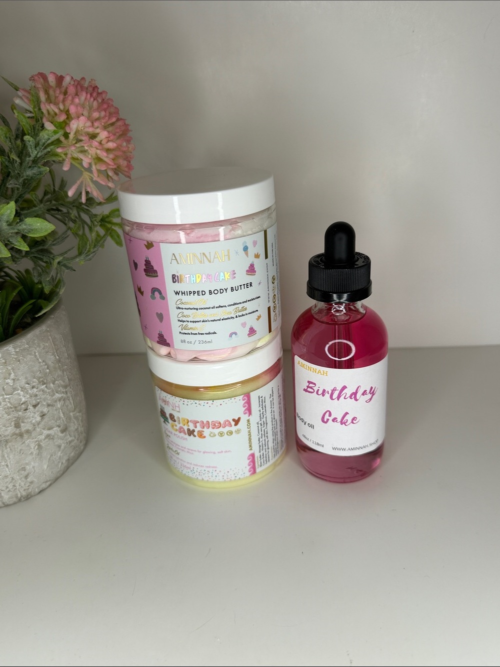 AMINNAH Birthday Cake Whipped Body Butter Sugar Polish &  body Oil